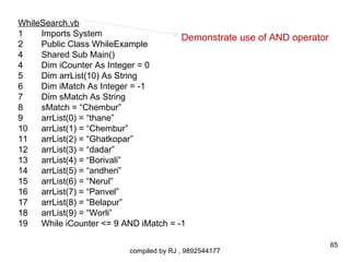 WhileSearch.vb
1    Imports System                    Demonstrate use of AND operator
2    Public Class WhileExample
4    Shared Sub Main()
4    Dim iCounter As Integer = 0
5    Dim arrList(10) As String
6    Dim iMatch As Integer = -1
7    Dim sMatch As String
8    sMatch = “Chembur”
9    arrList(0) = “thane”
10   arrList(1) = “Chembur”
11   arrList(2) = “Ghatkopar”
12   arrList(3) = “dadar”
13   arrList(4) = “Borivali”
14   arrList(5) = “andheri”
15   arrList(6) = “Nerul”
16   arrList(7) = “Panvel”
17   arrList(8) = “Belapur”
18   arrList(9) = “Worli”
19   While iCounter <= 9 AND iMatch = -1

                                                                         65
                         compiled by RJ , 9892544177
 