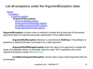 List all exceptions under the ArgumentException class.




ArgumentException is thrown when a method is invoked and at least one of the passed
arguments does not meet the parameter specification of the called method.

          ArgumentNullException whenever a null reference (Nothing in Visual Basic) is
passed to a method that does not accept it as a valid argument.

          ArgumentOutOfRangeException when the value of an argument is outside the
range of acceptable values; for example, when the value "46" is passed as the month
argument during the creation of a DateTime.

         InvalidEnumArgumentException thrown when using invalid arguments that are
enumerators.

                                compiled by RJ , 9892544177                           91
 