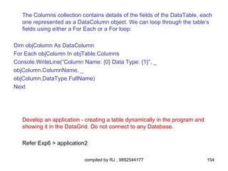 The Columns collection contains details of the fields of the DataTable, each
   one represented as a DataColumn object. We can loop through the table’s
   fields using either a For Each or a For loop:

Dim objColumn As DataColumn
For Each objColumn In objTable.Columns
Console.WriteLine(“Column Name: {0} Data Type: {1}”, _
objColumn.ColumnName, _
objColumn.DataType.FullName)
Next




   Develop an application - creating a table dynamically in the program and
   showing it in the DataGrid. Do not connect to any Database.

   Refer Exp6 > application2

                           compiled by RJ , 9892544177                        154
 