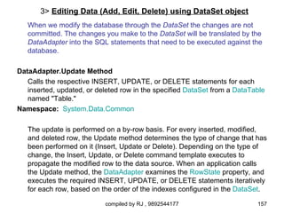 3> Editing Data (Add, Edit, Delete) using DataSet object
   When we modify the database through the DataSet the changes are not
   committed. The changes you make to the DataSet will be translated by the
   DataAdapter into the SQL statements that need to be executed against the
   database.

DataAdapter.Update Method
   Calls the respective INSERT, UPDATE, or DELETE statements for each
   inserted, updated, or deleted row in the specified DataSet from a DataTable
   named "Table."
Namespace: System.Data.Common

   The update is performed on a by-row basis. For every inserted, modified,
   and deleted row, the Update method determines the type of change that has
   been performed on it (Insert, Update or Delete). Depending on the type of
   change, the Insert, Update, or Delete command template executes to
   propagate the modified row to the data source. When an application calls
   the Update method, the DataAdapter examines the RowState property, and
   executes the required INSERT, UPDATE, or DELETE statements iteratively
   for each row, based on the order of the indexes configured in the DataSet.

                           compiled by RJ , 9892544177                     157
 