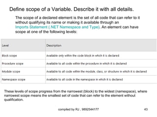 Define scope of a Variable. Describe it with all details.
       The scope of a declared element is the set of all code that can refer to it
       without qualifying its name or making it available through an
       Imports Statement (.NET Namespace and Type). An element can have
       scope at one of the following levels:




These levels of scope progress from the narrowest (block) to the widest (namespace), where
narrowest scope means the smallest set of code that can refer to the element without
qualification.

                                  compiled by RJ , 9892544177                           43
 