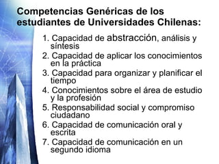 Competencias Genéricas de los estudiantes de Universidades Chilenas: 1. Capacidad de  abstracción , análisis y síntesis 2. Capacidad de aplicar los conocimientos en la práctica 3. Capacidad para organizar y planificar el tiempo 4. Conocimientos sobre el área de estudio y la profesión 5. Responsabilidad social y compromiso ciudadano 6. Capacidad de comunicación oral y escrita 7. Capacidad de comunicación en un segundo idioma 