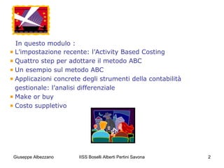 IISS Boselli Alberti Pertini Savona 2
In questo modulo :
L’impostazione recente: l’Activity Based Costing
Quattro step per...