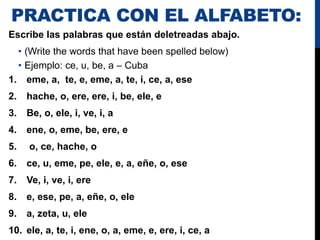 PRACTICA CON EL ALFABETO:
Escribe las palabras que están deletreadas abajo.
• (Write the words that have been spelled below)
• Ejemplo: ce, u, be, a – Cuba
1. eme, a, te, e, eme, a, te, i, ce, a, ese
2. hache, o, ere, ere, i, be, ele, e
3. Be, o, ele, i, ve, i, a
4. ene, o, eme, be, ere, e
5. o, ce, hache, o
6. ce, u, eme, pe, ele, e, a, eñe, o, ese
7. Ve, i, ve, i, ere
8. e, ese, pe, a, eñe, o, ele
9. a, zeta, u, ele
10. ele, a, te, i, ene, o, a, eme, e, ere, i, ce, a
 