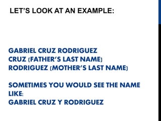 GABRIEL CRUZ RODRIGUEZ
CRUZ (FATHER’S LAST NAME)
RODRIGUEZ (MOTHER’S LAST NAME)
SOMETIMES YOU WOULD SEE THE NAME
LIKE:
GABRIEL CRUZ Y RODRIGUEZ
LET’S LOOK AT AN EXAMPLE:
 