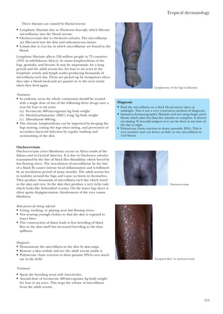 Tropical dermatology
113
Three diseases are caused by filarial worms:
• Lymphatic filariasis due to Wuchereria bancrofti, which liberate
microfilariae into the blood stream.
• Onchocerciasis due to Onchocera volvulus. The microfilariae
are liberated into the skin and subcutaneous tissues.
• Loiasis due to Loa loa, in which microfilariae are found in the
blood.
Lymphatic filariasis affects 120 million people in 73 countries
(34% in sub-Saharan Africa). It causes lymphoedema of the
legs, genitalia, and breasts. It may be asyptomatic for a long
period and the adult worms live for four to six years in the
lymphatic vessels and lymph nodes producing thousands of
microfilaria each day. These are picked up by mosquitoes when
they take a blood meal and are passed on to the next victim
when they feed again.
Treatment
• In endemic areas the whole community should be treated
with a single dose of two of the following three drugs once a
year for four to six years:
(a) Ivermectin 400micrograms/kg body weight
(b) Diethylcarbamazine (DEC) 6mg/kg body weight
(c) Albendazole 600mg.
• The chronic lymphoedema can be improved by keeping the
legs moving, raising the legs when sitting, and prevention of
secondary bacterial infection by regular washing and
moisturising of the skin.
Onchocerciasis
Onchocerciasis (river blindness) occurs in Africa south of the
Sahara and in Central America. It is due to Onchocerca volvulus
transmitted by the bite of black flies Simuliidae which breed by
fast flowing rivers. The inoculation of microfilariae by the bite
of a black fly causes intense local inflammation and is followed
by an incubation period of many months. The adult worms live
in nodules around the hips and cause no harm in themselves.
They produce thousands of microfilaria each day which travel
to the skin and eyes. In the skin they produce a very itchy rash
which looks like lichenified eczema. On the lower legs there is
often spotty depigmentation. Involvement of the eyes causes
blindness.
Risk factors for being infected
• Living, working, or playing near fast flowing rivers.
• Not wearing enough clothes so that the skin is exposed to
insect bites.
• The construction of dams leads to less breeding of black
flies in the dam itself but increased breeding in the dam
spillways.
Diagnosis
• Demonstrate the microfilaria in the skin by skin snips.
• Remove a skin nodule and see the adult worms inside it.
• Polymerase chain reaction to show parasite DNA—not much
use in the field.
Treatment
• Spray the breeding areas with insecticides.
• Annual dose of ivermectin 400micrograms/kg body weight
for four to six years. This stops the release of microfilaria
from the adult worms.
Diagnosis
• Find the microfilaria on a thick blood smear taken at
midnight. This is not a very convenient method of diagnosis.
• Immuno-chromatographic filariasis card test using finger prick
blood, which takes less than five minutes to complete. It detects
circulating W. bancrofti antigens so it can be done at any time of
the day or night.
• Polymerase chain reaction to detect parasitic DNA. This is
very sensitive and can detect as little as one microfilaria in
1ml blood.
Lymphoema of the legs in filariasis
Onchocerciasis
“Leopard skin” in onchocerciasis
 