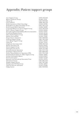 129
Acne Support Group (0870) 870 2263
Behcet’s Syndrome Society (01488) 71116
Allergy UK (020) 8303 8583
Cancer BACUP (0808) 800 1234
British Association of Skin Camouflage (01625) 267880
British Red Cross Skin Camouflage Service (020) 7201 5172
British Leprosy Relief Association (01206) 562286
Congenital Melanocytic Naevus Support Group (0151) 281 9716
Darier’s Disease Support Group (01646) 695055
Dystrophic Epidermolysis Bullosa Research Association (01344) 771971
Ectodermal Dysplasia Society (01242) 261332
Ehlers–Danlos Support Group (01252) 690940
Hairline International (01564) 775281
Herpes Viruses Association (020) 7609 9061
Ichthyosis Support Group (020) 7461 0356
Latex Allergy Support Group (07071) 225838
Lupus UK (01708) 731251
Lymphoma Association (LA) (0808) 808 5555
Marfan Association UK (01252) 810472
Myositis Support Group (023) 8044 9708
National Eczema Society (0870) 241 3604
Neurofibromatosis Association (020) 8547 1636
Pemphigus Vulgaris Network (020) 8690 6462
Primary Immunodeficiency Association (PIA) (010) 7976 7640
Pseudoxanthoma Elasticum (PXE) Support Group (01628) 476687
Psoriatic Arthropathy Alliance (01923) 672837
Psoriasis Association (01604) 711129
Raynaud’s and Scleroderma Association Trust (01270) 872776
Scleroderma Society (020) 8961 4912
Shingles Support Society (020) 7607 9061
Telangiectasia Self Help Group (01494) 528047
Tuberous Sclerosis Association (01527) 871898
Vitiligo Society (020) 7840 0855
Appendix: Patient support groups
 