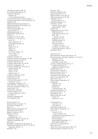 Index
133
emulsifying ointment BP 25
en coup de sabre pattern 54
endocrine disorders
alopecia 52
see also individual disorders
environmental factors, history-taking 7
enzyme preparations, venous leg ulcers 45
ephelides 68
epidermal thickening, psoriasis 8
epidermodysplasia verruciformis 94
epidermoid cyst 64
epidermolysis bullosa 80
genetic basis 81
Epidermophyton spp. 57
epithelioma, basal cell 61
erosion 4
erysipelas 87, 88, 91, 109
erythema 2, 7, 34, 35–6, 75
acute 25
from antibiotics 35
desquamating stage 32
facial 87
figurate 35, 75
malar 33
nailbed 75
in systemic disease 72
toxic, causes 35
see also rashes
erythema annulare 75
erythema chronicum migrans 75, 106
erythema gyratum repens 75
erythema induratum 36
erythema infectiosum 87, 95, 96
erythema marginatum 75
erythema multiforme 35–6, 72, 75
annular lesions 36
blisters 36, 40
causes 35, 75
target lesions 75
erythema nodosum 36, 80
erythrasma 32, 102
erythrocyanosis 74
erythrodermic psoriasis 11, 52
treatment 13, 16
erythroplasia of Queyrat 63
ethyl chloride, cryotherapy 115
etretinate, psoriasis treatment 16
eumycetoma 111
examination, clinical 7
excision, surgical 120
in general practice 122–3
excoriation 4
exostosis, subungual 60
eyes, blepharitis 50
facial erythema 87
facial psoriasis, treatment 13
fasciitis, necrotising 79
favus 111
fibrokeratoma, periungual 60
fifth disease 87, 95, 96
figurate erythema 35, 75
filariasis 112–13
diagnosis 113
lymphoedema 113
fish protein, allergic reaction 82
“fishtank” granuloma 89
fissuring 4
Fitzpatrick classification, skin types 65
fixed drug eruptions 33, 34, 37, 37, 42, 72
diagnostic criteria 33
flamazine 125
flea bites 106
flexural candidiasis 98
flexural psoriasis 10, 13
fluid retention, acne and 47
5-fluorouracil cream 63, 126
folliculitis 88, 91
Gram negative 91
folliculitis decalvans 54
formulary 124–8
systemic agents 126–8
topical agents 124–6
freckles 68
fungal infections 32, 101–3
AIDS-related 99
clinical presentation 101
deep 103
tropical 111–12
diagnosis 34, 104
localised lesions 32
nails 57, 101–2
superficial 101–3
tropical 110, 111
treatment 34, 103–4, 104
tropical skin disease 110–12
furuncles 88, 91
ganciclovir 93
gastrointestinal disease, skin lesions 78
general practice, and skin conditions 121, 121–3
diagnosis 121–2
management 122
procedures used 122–3
genetics and skin disease 80–1, 81
complex disorders 81
single gene disorders 80–1
genital herpes 92
genital warts 94, 98, 99
genodermatoses 80–1, 81
German measles 95–6
Gianotti–Crosti syndrome 96
graft versus host disease 86
grain mites 106
Gram negative folliculitis 48
granuloma
“fishtank” 89
pyogenic 64
sarcoid 80
“swimming pool” 89
granuloma annulare 79
gravitational ulcers 43
griseofulvin 104
guttate psoriasis 10, 28
lesions 30
treatment 13, 15
haemangioma 3
cavernous 117
sclerosing 63
haemolytic anaemia 83
haemosiderin deposition 76
hair 51–6
excessive 55–6
laser treatment 117
exclamation mark appearance 53
growth pattern 51
loss see alopecia
psychological significance 51
shaft abnormalities 55
hairy naevus, congenital 69
halo naevus 68
hand, foot and mouth disease 96–7, 97
hand dermatitis, treatment 26, 26
 