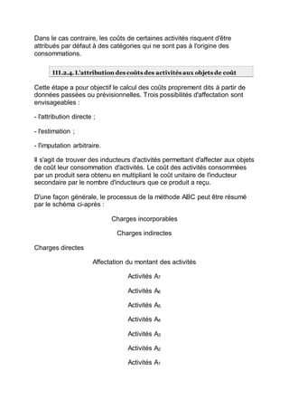 Dans le cas contraire, les coûts de certaines activités risquent d'être
attribués par défaut à des catégories qui ne sont pas à l'origine des
consommations.
III.2.4. L'attribution des coûts des activités aux objets de coût
Cette étape a pour objectif le calcul des coûts proprement dits à partir de
données passées ou prévisionnelles. Trois possibilités d'affectation sont
envisageables :
- l'attribution directe ;
- l'estimation ;
- l'imputation arbitraire.
Il s'agit de trouver des inducteurs d'activités permettant d'affecter aux objets
de coût leur consommation d'activités. Le coût des activités consommées
par un produit sera obtenu en multipliant le coût unitaire de l'inducteur
secondaire par le nombre d'inducteurs que ce produit a reçu.
D'une façon générale, le processus de la méthode ABC peut être résumé
par le schéma ci-après :
Charges incorporables
Charges indirectes
Charges directes
Affectation du montant des activités
Activités A7
Activités A6
Activités A5
Activités A4
Activités A3
Activités A2
Activités A1
 