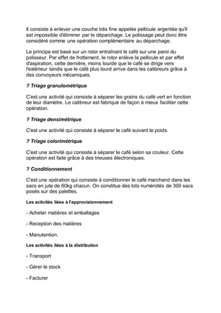 Il consiste à enlever une couche très fine appelée pellicule argentée qu'il
est impossible d'éliminer par le déparchage. Le polissage peut donc être
considéré comme une opération complémentaire au déparchage.
Le principe est basé sur un rotor entraînant le café sur une paroi du
polisseur. Par effet de frottement, le rotor enlève la pellicule et par effet
d'aspiration, cette dernière, moins lourde que le café se dirige vers
l'extérieur tandis que le café plus lourd arrive dans les calibreurs grâce à
des convoyeurs mécaniques.
? Triage granulométrique
C'est une activité qui consiste à séparer les grains du café vert en fonction
de leur diamètre. Le calibreur est fabriqué de façon à mieux faciliter cette
opération.
? Triage densimétrique
C'est une activité qui consiste à séparer le café suivant le poids.
? Triage colorimétrique
C'est une activité qui consiste à séparer le café selon sa couleur. Cette
opération est faite grâce à des trieuses électroniques.
? Conditionnement
C'est une opération qui consiste à conditionner le café marchand dans les
sacs en jute de 60kg chacun. On constitue des lots numérotés de 300 sacs
posés sur des palettes.
Les activités liées à l'approvisionnement
- Acheter matières et emballages
- Reception des matières
- Manutention.
Les activités liées à la distribution
- Transport
- Gérer le stock
- Facturer
 
