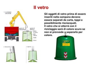 Il vetro
Gli oggetti di vetro prima di essere
inseriti nella campana devono
essere separati da carta, tappi e
possibilmente risciacquati.
Il vetro che si otterrà con il
riciclaggio sarà di colore scuro se
non si provvede a separarlo per
colore.
 
