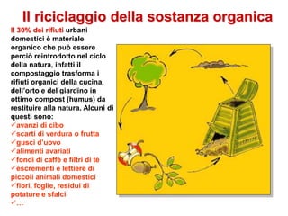 Il riciclaggio della sostanza organica
Il 30% dei rifiuti urbani
domestici è materiale
organico che può essere
perciò reintrodotto nel ciclo
della natura, infatti il
compostaggio trasforma i
rifiuti organici della cucina,
dell’orto e del giardino in
ottimo compost (humus) da
restituire alla natura. Alcuni di
questi sono:
avanzi di cibo
scarti di verdura o frutta
gusci d’uovo
alimenti avariati
fondi di caffè e filtri di tè
escrementi e lettiere di
piccoli animali domestici
fiori, foglie, residui di
potature e sfalci
…
 