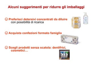 ☺ Preferisci detersivi concentrati da diluire
con possibilità di ricarica
☺ Acquista confezioni formato famiglia
☺ Scegli prodotti senza scatola: dentifrici,
cosmetici…
Alcuni suggerimenti per ridurre gli imballaggi
 