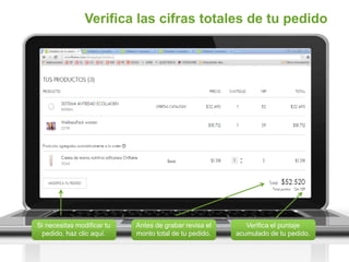 Verifica las cifras totales de tu pedido
Si necesitas modificar tu
pedido, haz clic aquí.
Antes de grabar revisa el
monto total de tu pedido.
Verifica el puntaje
acumulado de tu pedido.
 