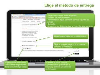 Elige el método de entrega
- Elige cómo quieres recibir el pedido
(difieren los costos del flete):
- Para retirar en algún centro de servicio o puntos de
entrega.
- Domicilio.
*Si compras los 3 últimos días, el costo del flete aumenta.
Elige si quieres pagar con tu crédito directo.
Elije modo de facturación:
-Para vender elige factura.
-Para consumir elige boleta.
Al apretar el botón comprar,
tu pedido queda grabado en el
sistema y recibirás un correo de
confirmación.
Elige si quieres pagar con tu cuenta
bancaria o comercial.
 