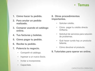 Capacitación Operativa
1. Cómo hacer tu pedido.
2. Para anular un pedido
realizado.
3. Comprar usando el catálogo
online.
4. Tus facturas y boletas.
5. Cómo pagar tu pedido.
6. Recibe tu pedido.
7. Potencia tu negocio.
• Compartir el catálogo.
• Ingresar a un nuevo Socio.
• Invitar a incorporarse.
• Capacítate.
8. Otros procedimientos
importantes.
• Solicitar crédito.
• Cómo pagar tu crédito directo
Oriflame.
• Solicitud de servicios para solución
de problemas.
• Qué hacer cundo hay un producto
faltante.
• Cómo devolver el producto.
9. Tutoriales para operar en online.
• Temas
 