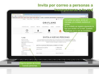 Invita por correo a personas a
incorporarse a tu red
Elige la opción de Invitar
nuevas personas.
Completa los datos, envía un
mensaje y tu invitado recibirá un
correo.
Si tu invitado se registra siguiendo la
liga que recibió vía e-mail, quedará
registrado en tu red de inmediato.
 