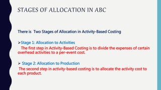 STAGES OF ALLOCATION IN ABC
There is Two Stages of Allocation in Activity-Based Costing
Stage 1: Allocation to Activities
The first step in Activity-Based Costing is to divide the expenses of certain
overhead activities to a per-event cost.
 Stage 2: Allocation to Production
The second step in activity-based costing is to allocate the activity cost to
each product.
 