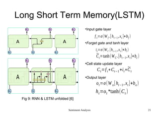 Long Short Term Memory(LSTM)
•Input gate layer
•Forget gate and tanh layer
•Cell state update layer
•Output layer
Sentiment Analysis 21
f t=σ(Wf .[ht−1 ,xt ]+bf )
it=σ(Wi .[ht−1 ,xt ]+bi )
~
Ct=tanh(WC.[ht−1,xt]+bc )
Ct=ft∗Ct−1+it∗
~
Ct
ot=σ(Wo[ht−1, xt ]+bo)
ht=ot *tanh(Ct )
Fig 9: RNN & LSTM unfolded [6]
 