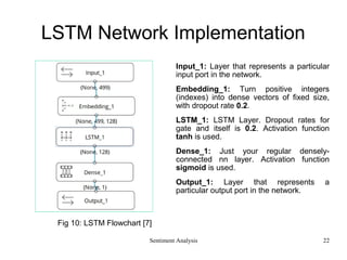 LSTM Network Implementation
Input_1: Layer that represents a particular
input port in the network.
Embedding_1: Turn positive integers
(indexes) into dense vectors of fixed size,
with dropout rate 0.2.
LSTM_1: LSTM Layer. Dropout rates for
gate and itself is 0.2. Activation function
tanh is used.
Dense_1: Just your regular densely-
connected nn layer. Activation function
sigmoid is used.
Output_1: Layer that represents a
particular output port in the network.
Sentiment Analysis 22
Fig 10: LSTM Flowchart [7]
 