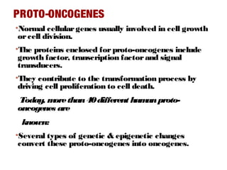 PROTO-ONCOGENES
•Normal cellulargenes usually involved in cell growth
orcell division.
•The proteins enclosed forproto-oncogenes include
growth factor, transcription factorand signal
transducers.
•They contribute to the transformation process by
driving cell proliferation to cell death.
Today, morethan40different humanproto-
oncogenes are
known:
•Several types of genetic & epigenetic changes
convert these proto-oncogenes into oncogenes.
 