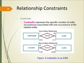  Cardinality
 Cardinality expresses the specific number of entity
occurrences associated with one occurrence of the
related entity.
Figure :Cardinality in an ERD
Relationship Constraints18
 