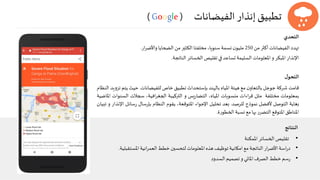 ‫الفيضانات‬ ‫إنذار‬‫تطبيق‬(Google )
‫التحدي‬
‫من‬ ‫أكثر‬‫الفيضانات‬ ‫تهدد‬250‫ار‬‫ر‬‫واألض‬ ‫الضحايا‬ ‫من‬ ‫الكثير‬ ‫مخلفتا‬،‫سنويا‬ ‫نسمة‬‫ن‬‫مليو‬.
‫الناتجة‬ ‫الخسائر‬ ‫تقليص‬‫في‬ ‫تساعد‬ ‫السليمة‬ ‫املعلومات‬ ‫و‬ ‫املبكر‬ ‫اإلنذار‬.
‫ل‬‫التحو‬
‫قامت‬‫شركة‬‫جوجل‬‫ن‬‫بالتعاو‬‫مع‬‫هيئة‬‫املياه‬‫بالهند‬‫بإستحداث‬‫تطبيق‬‫خاص‬‫للفيضانات‬.‫حيث‬‫يت‬‫م‬‫يد‬‫و‬‫تز‬‫النظام‬
‫بمعلومات‬‫مختلفة‬‫مثل‬‫اءات‬‫ر‬‫ق‬‫منسوبات‬،‫املياه‬‫يس‬‫ر‬‫التضا‬‫و‬‫التركيبة‬،‫افية‬‫ر‬‫الجغ‬‫سجالت‬‫الس‬‫نوات‬‫املاضية‬
‫بغاية‬‫التوصل‬‫ألفضل‬‫نموذج‬‫للرصد‬.‫بعد‬‫تحليل‬‫اإلجواء‬،‫املتوقعة‬‫يقوم‬‫النظام‬‫سال‬‫ر‬‫بإ‬‫سائل‬‫ر‬‫اإل‬‫نذار‬‫و‬‫تبيان‬
‫املناطق‬‫املتوقع‬‫ر‬‫التضر‬‫بها‬‫مع‬‫نسبة‬‫ة‬‫ر‬‫الخطو‬.
‫النتائج‬
•‫املمكنة‬ ‫الخسائر‬ ‫تقليص‬
•‫املستقب‬ ‫انية‬‫ر‬‫العم‬ ‫خطط‬ ‫لتحسين‬ ‫املعلومات‬ ‫هذه‬ ‫توظيف‬‫امكانية‬ ‫مع‬‫الناتجة‬ ‫ار‬‫ر‬‫األض‬ ‫اسة‬‫ر‬‫د‬‫لية‬.
•‫السدود‬ ‫تصميم‬‫و‬ ‫املائي‬ ‫الصرف‬ ‫خطط‬ ‫سم‬‫ر‬
 