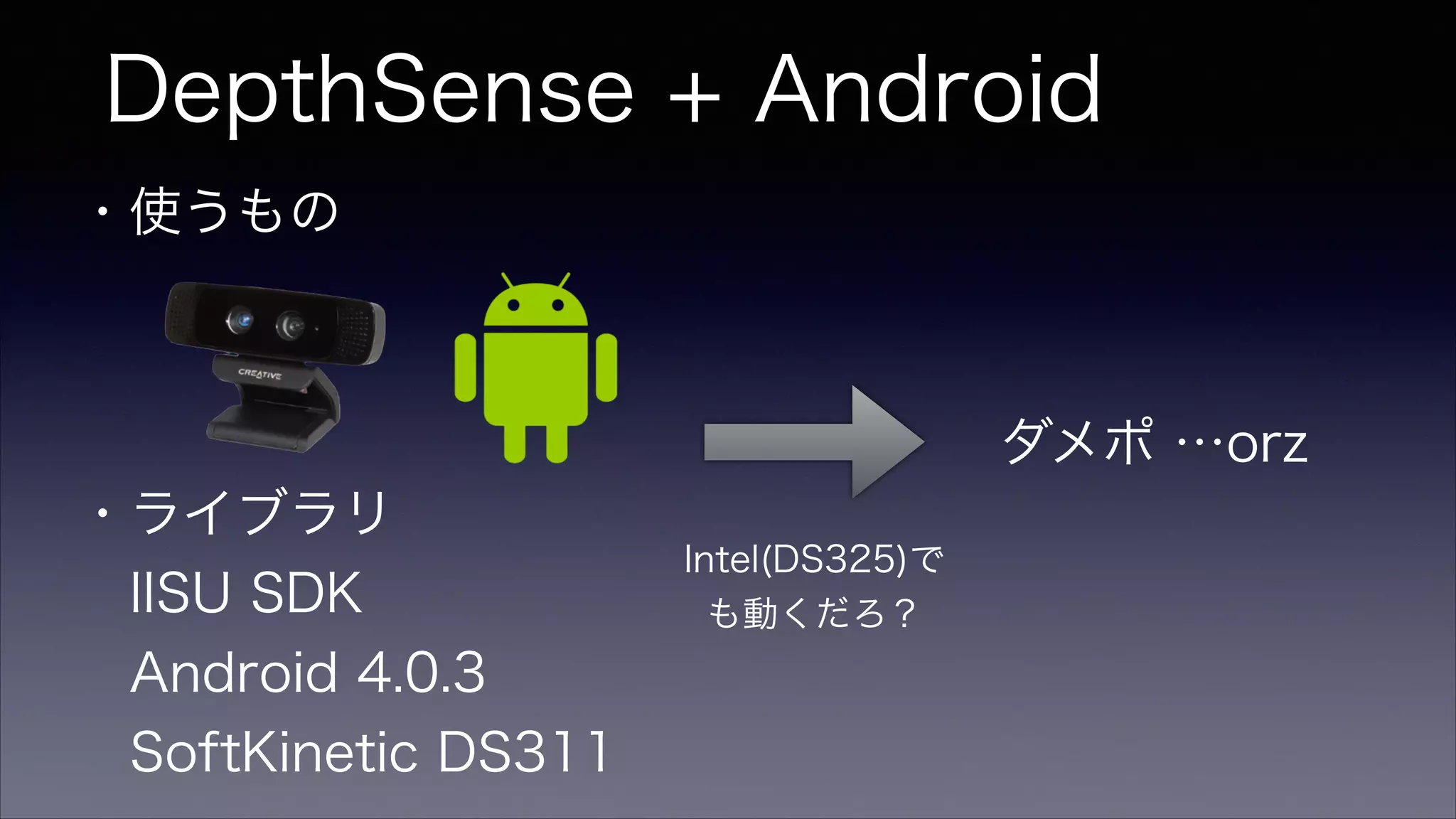 DepthSense + Android
・使うもの 
・ライブラリ
 IISU SDK
 Android 4.0.3
 SoftKinetic DS311
Intel(DS325)で
も動くだろ？
ダメポ …orz
 