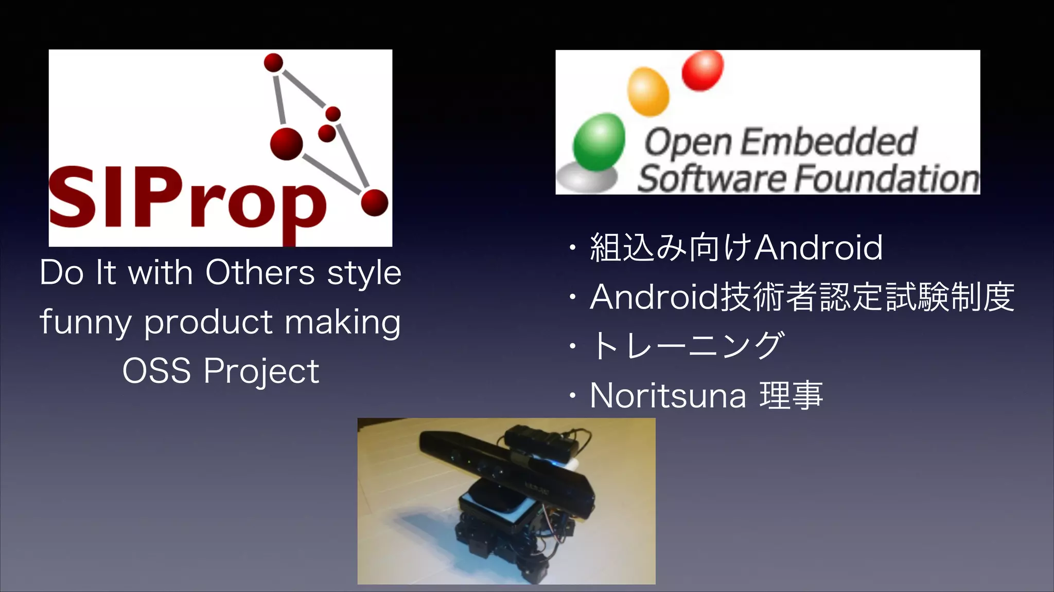Do It with Others style
funny product making
OSS Project
・組込み向けAndroid
・Android技術者認定試験制度
・トレーニング
・Noritsuna 理事
 