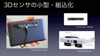3Dセンサの小型・組込化
PrimeSense Capri
SoftKinetic DS536
PMD CamBoard
 