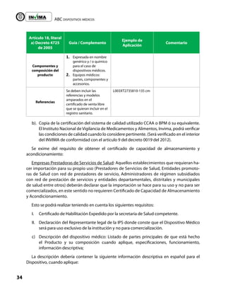 ABC dispositivos médicos
34
Liberta y Orden
Artículo 18, literal
a) Decreto 4725
de 2005
Guía / Complemento
Ejemplo de
Aplicación
Comentario
Componentes y
composición del
producto
1. Expresada en nombre
genérico y / o químico
para el caso de
dispositivos médicos.
2. Equipos médicos:
partes, componentes y
accesorios.
Referencias
Se deben incluir las
referencias y modelos
amparados en el
certificado de venta libre
que se quieran incluir en el
registro sanitario.
L003XT2735810-135 cm
b). Copia de la certificación del sistema de calidad utilizado CCAA o BPM ó su equivalente.
El Instituto Nacional de Vigilancia de Medicamentos y Alimentos, Invima, podrá verificar
las condiciones de calidad cuando lo considere pertinente. (Será verificado en el interior
del INVIMA de conformidad con el artículo 9 del decreto 0019 del 2012).
Se exime del requisito de obtener el certificado de capacidad de almacenamiento y
acondicionamiento:
Empresas Prestadoras de Servicios de Salud: Aquellos establecimientos que requieran ha-
cer importación para su propio uso (Prestadores de Servicios de Salud, Entidades promoto-
ras de Salud con red de prestadores de servicio, Administradores de régimen subsidiados
con red de prestación de servicios y entidades departamentales, distritales y municipales
de salud entre otros) deberán declarar que la importación se hace para su uso y no para ser
comercializados, en este sentido no requieren Certificado de Capacidad de Almacenamiento
y Acondicionamiento.
Esto se podrá realizar teniendo en cuenta los siguientes requisitos:
I. Certificado de Habilitación Expedido por la secretaría de Salud competente.
II. Declaración del Representante legal de la IPS donde conste que el Dispositivo Médico
será para uso exclusivo de la institución y no para comercialización.
c) Descripción del dispositivo médico: Listado de partes principales de que está hecho
el Producto y su composición cuando aplique, especificaciones, funcionamiento,
información descriptiva;
La descripción debería contener la siguiente información descriptiva en español para el
Dispositivo, cuando aplique:
 