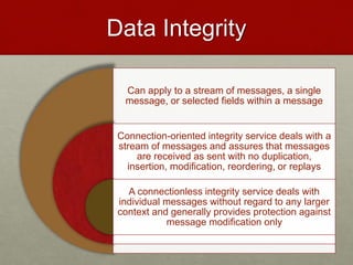 Data Integrity
Can apply to a stream of messages, a single
message, or selected fields within a message
Connection-oriented integrity service deals with a
stream of messages and assures that messages
are received as sent with no duplication,
insertion, modification, reordering, or replays
A connectionless integrity service deals with
individual messages without regard to any larger
context and generally provides protection against
message modification only
 