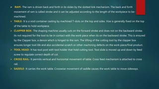  RAM- The ram is driven back and forth in its slides by the slotted link mechanism. The back and forth
movement of ram is called stroke and it can be adjusted according to the length of the workpiece to be-
machined.
 TABLE- It is a void container casting by machined T-slots on the top and sides. Vise is generally fixed on the top
of the table to hold workpiece.
 CLAPPER BOX- The shaping machine usually cuts on the forward stroke and does not on the backward stroke.
its not required for the tool to be in contact with the work piece when its on the backward stroke. This is ensured
by the Clapper box, a device which is hinged to the ram. The lifting of the cutting tool by the clapper box
ensures longer tool life and also accidental scratch or other machining defects on the work piece/final product.
 TOOL HEAD- It has tool post with tool holder that hold cutting tool. Tool slide is moved up and down by feed
screw to regulate correct depth of cut.
 CROSS RAIL- It permits vertical and horizontal movement of table. Cross feed mechanism is attached to cross
rail.
 SADDLE- It carries the work table. Crosswise movement of saddle causes the work table to move sideways.
 