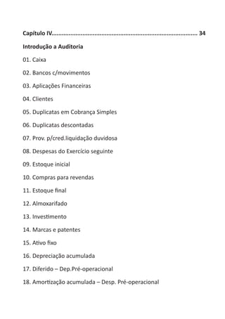 Heretiano Henrique Pereira

Capítulo IV..................................................................................... 34

Introdução a Auditoria

01. Caixa

02. Bancos c/movimentos

03. Aplicações Financeiras

04. Clientes

05. Duplicatas em Cobrança Simples

06. Duplicatas descontadas

07. Prov. p/cred.liquidação duvidosa

08. Despesas do Exercício seguinte

09. Estoque inicial

10. Compras para revendas

11. Estoque final

12. Almoxarifado

13. Investimento

14. Marcas e patentes

15. Ativo fixo

16. Depreciação acumulada

17. Diferido – Dep.Pré-operacional

18. Amortização acumulada – Desp. Pré-operacional
 
