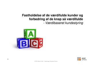 Fastholdelse af de værdifulde kunder og
         forbedring af de knap så værdifulde
                   - Værdibaseret kundestyring




19

             © PhD Morten Holm , Copenhagen Business School
 