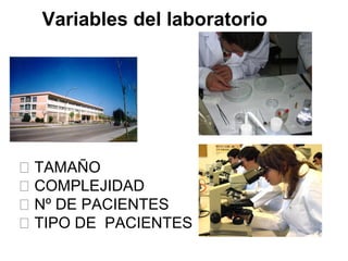 Variables del laboratorio




􀂄 TAMAÑO
􀂄 COMPLEJIDAD
􀂄 Nº DE PACIENTES
􀂄 TIPO DE PACIENTES
 
