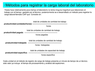 * Métodos              para registrar la carga laboral del laboratorio
 -Hasta hace relativamente poco tiempo el laboratorio no tenia ninguna magnitud que relacionara el
 trabajo con el tiempo gastado por el técnico. posteriormente se a desarrollado un método para registrar la
 carga laboral llamado CAP que Consiste en:


                                 total de unidades de cantidad de trabajo
productividad (unidades/horas): --------------------------------------------------------
                                                      horas

                          total de unidades de cantidad de trabajo
productividad pagada: -----------------------------------------------------
                                        horas pagadas


                             total de unidades de cantidad de trabajo
  productividad trabajada: ------------------------------------------------------
                                       horas trabajadas


                               total de unidades de capacidad de trabajo
  productividad especifica: ----------------------------------------------------------
                                                 horas especifica


Cada unidad en el método de registro de carga de trabajo presenta un minuto de tiempo de un técnico.
este valor ya incluye el tiempo de procesamiento y análisis del espécimen.
 