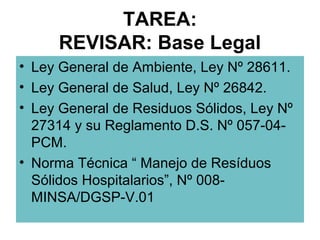 TAREA:
     REVISAR: Base Legal
• Ley General de Ambiente, Ley Nº 28611.
• Ley General de Salud, Ley Nº 26842.
• Ley General de Residuos Sólidos, Ley Nº
  27314 y su Reglamento D.S. Nº 057-04-
  PCM.
• Norma Técnica “ Manejo de Resíduos
  Sólidos Hospitalarios”, Nº 008-
  MINSA/DGSP-V.01
 