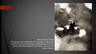 Albert Watson: KAOS
Através de uma seleção de 29 fotografias, a exposição
KAOS oferece uma abordagem caleidoscópica à visão
artística de Albert Watson, de 14 abril - 10 junho em
Opiom Gallery.
 