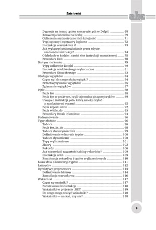 Spis treści




    Dygresja na temat typów rzeczywistych w Delphi ................. 68
    Konwersja łańcucha na liczbę .................................................. 69
    Obliczenia arytmetyczne i ich kolejność ................................. 71
    Typ logiczny i operatory logiczne ............................................ 72
    Instrukcja warunkowa if .......................................................... 73
    Jak wyłączyć podpowiadanie przez edytor
     szablonów instrukcji? ............................................................. 74
    O błędach w kodzie i części else instrukcji warunkowej ........ 75
    Procedura Exit .......................................................................... 78
Na tym nie koniec ........................................................................... 79
    Typy całkowite Delphi .............................................................. 79
    Instrukcja wielokrotnego wyboru case ................................... 81
    Procedura ShowMessage .......................................................... 83
Obsługa wyjątków .......................................................................... 84
    Czym są i do czego służą wyjątki? ........................................... 84
    Przechwytywanie wyjątków .................................................... 85
    Zgłaszanie wyjątków ................................................................ 87
Pętle ................................................................................................. 88
    Pętla for ..................................................................................... 88
    Pętla for w praktyce, czyli tajemnica pitagorejczyków .......... 89
    Uwaga o instrukcji goto, którą należy czytać
     z zamkniętymi oczami ............................................................ 92
    Pętla repeat..until ..................................................................... 92
    Pętla while..do .......................................................................... 93
    Procedury Break i Continue ..................................................... 94
Podsumowanie ................................................................................ 96
Typy złożone ................................................................................... 96
    Tablice ....................................................................................... 96
    Pętla for..in..do .......................................................................... 98
    Tablice dwuwymiarowe ........................................................... 99
    Definiowanie własnych typów ............................................... 100
    Tablice dynamiczne ................................................................ 100
    Typy wyliczeniowe ................................................................. 101
    Zbiory ...................................................................................... 102
    Rekordy ................................................................................... 106
    Jak sprawdzić zawartość tablicy rekordów? ........................ 109
    Instrukcja with ....................................................................... 109
    Kombinacja rekordów i typów wyliczeniowych ................... 110
Kilka słów o konwersji typów ...................................................... 111
Łańcuchy ....................................................................................... 112
Dyrektywy preprocesora .............................................................. 114
    Definiowanie bloków .............................................................. 114
    Kompilacja warunkowa .......................................................... 116
Wskaźniki ..................................................................................... 117
    Czym są wsaźniki? .................................................................. 117
    Podstawowe konstrukcje ........................................................ 118
    Wskaźniki w projekcie .NET .................................................. 119
    Do czego mogą służyć wskaźniki? ......................................... 120
    Wskaźniki — unikać, czy nie? ................................................ 120



                                                                                                             5
 