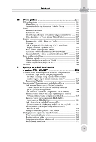 Spis treści




10   Prosta grafika ............................................................. 231
     Płótno i sztaluga ........................................................................... 231
        Klasa TCanvas ......................................................................... 231
        Odświeżanie formy. Zdarzenie OnPaint formy ..................... 232
     Linie .............................................................................................. 232
        Mieszanie kolorów .................................................................. 232
        Rysowanie linii ....................................................................... 234
        ClientHeight i Height, czyli obszar użytkownika formy ....... 236
        Okno dialogowe wyboru koloru TColorDialog ...................... 237
     Punkty ........................................................................................... 239
        Korzystanie z tablicy TCanvas.Pixels .................................... 239
        Negatyw .................................................................................. 240
        Jak w projektach dla platformy Win32 umożliwić
          edycję obrazów z plików JPEG? .......................................... 242
        Kilka słów o operacjach na bitach ......................................... 244
        Własność TBitmap.ScanLine (platforma Win32) .................. 246
        Wskaźniki IntPtr i klasa Marshal (platforma .NET) ............. 247
     Inne możliwości płótna ................................................................ 248
        Tekst na płótnie ...................................................................... 248
        Obraz na płótnie w projekcie Win32 ..................................... 251
        Obraz na płótnie w projekcie .NET ........................................ 253
     W domu ......................................................................................... 254
11   Operacje na plikach i drukowanie
     z poziomu VCL i VCL.NET ........................................... 255
     Automatyczne dopasowywanie rozmiaru komponentów .......... 256
        Własność Align, czyli o tym jak przygotować
         interfejs aplikacji, który będzie automatycznie
         dostosowywał się do zmian rozmiaru formy? .................... 256
        Komponent TSplitter .............................................................. 257
     Komponenty VCL pomagające w obsłudze plików ..................... 258
        Jak połączyć komponenty TDriveComboBox,
         TDirectoryListBox i TFileListBox żeby stworzyć
         prostą przeglądarkę plików? ................................................ 259
        Jak filtrować zawartość komponentu TFileListBox? ........... 259
        Prezentowanie nazwy katalogu wybranego za pomocą
         TDirectoryListBox na komponencie TLabel ........................ 259
        Prezentowanie na komponencie TLabel pliku
         wybranego w TFileListBox .................................................. 261
        Jak z łańcucha wyodrębnić nazwę pliku,
         jego rozszerzenie lub katalog, w którym się znajduje? ....... 261
        Wczytywanie plików graficznych wskazanych
         w FileListBox ........................................................................ 263
        Przeglądanie katalogów w TFileListBox ............................... 264
     Obsługa plików z poziomu Object Pascala .................................. 266
        Tworzenie pliku tekstowego .................................................. 266
        Dopisywanie do pliku ............................................................. 268
        Odczytywanie plików tekstowych ......................................... 269
        Funkcja czy procedura ............................................................ 271



                                                                                                                9
 