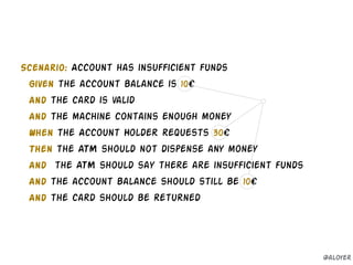 Scenario: Account has insufficient funds
Given the account balance is 10€
And the card is valid
And the machine contains enough money
When the Account Holder requests 30€
Then the ATM should not dispense any money
And the ATM should say there are insufficient funds
And the account balance should still be 10€
And the card should be returned
@aloyer
 