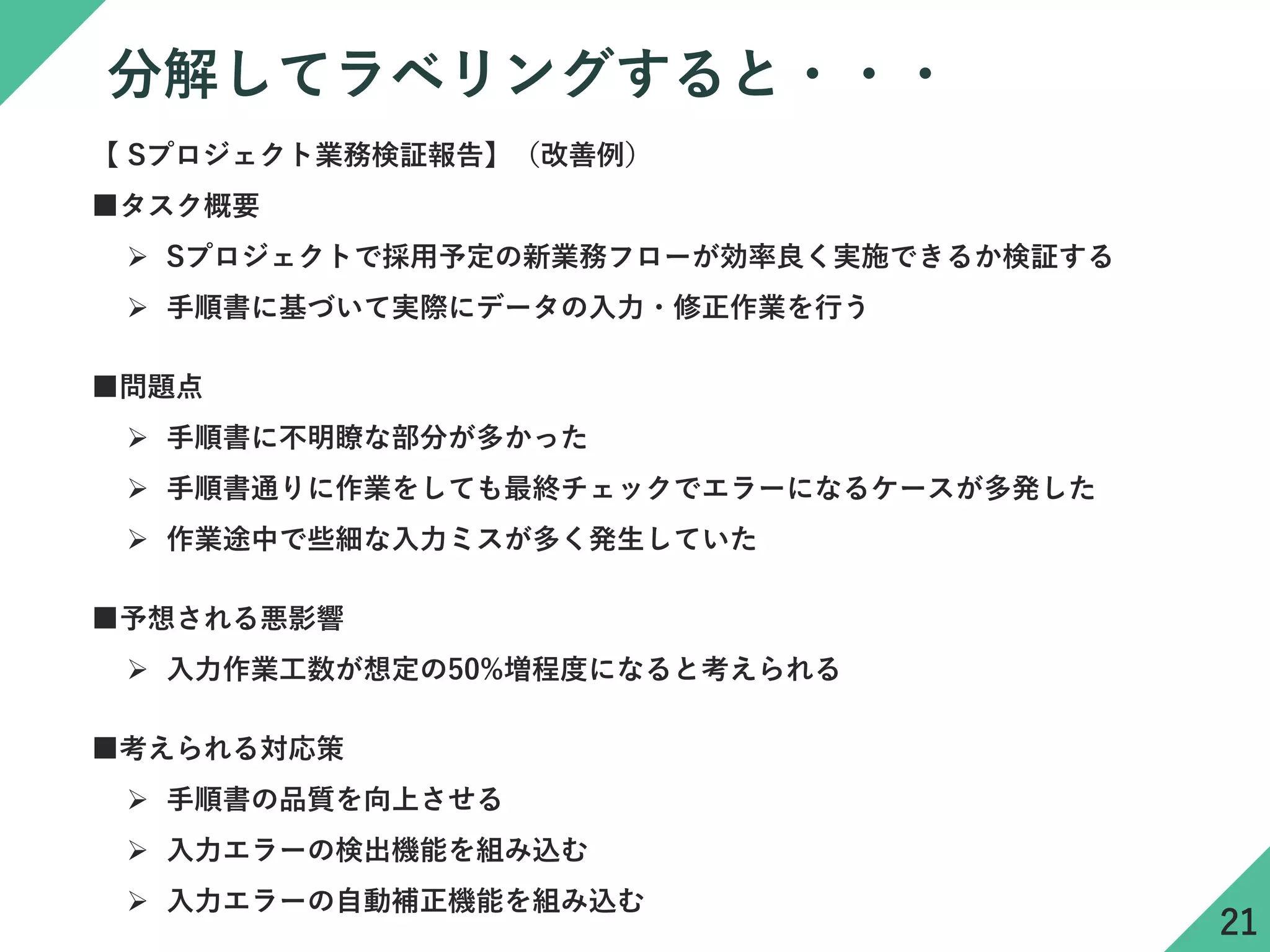 Copyright アイデアクラフト 2018
分解してラベリングすると・・・
【 Sプロジェクト業務検証報告】（改善例）
■タスク概要
➢ Sプロジェクトで採用予定の新業務フローが効率良く実施できるか検証する
➢ 手順書に基づいて実際にデータの入力・修正作業を行う
■問題点
➢ 手順書に不明瞭な部分が多かった
➢ 手順書通りに作業をしても最終チェックでエラーになるケースが多発した
➢ 作業途中で些細な入力ミスが多く発生していた
■予想される悪影響
➢ 入力作業工数が想定の50%増程度になると考えられる
■考えられる対応策
➢ 手順書の品質を向上させる
➢ 入力エラーの検出機能を組み込む
➢ 入力エラーの自動補正機能を組み込む
21
 