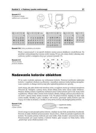 Rozdział 3. ♦ Podstawy rysunku wektorowego                                                           27

Rysunek 3.7.
Przykładowe obiekty
zdefiniowane w programie




Rysunek 3.8. Palety przykładowych obiektów

          Wiele z narysowanych w ten sposób obiektów mo esz jeszcze dodatkowo zmodyfikować. Na
          przykład z uśmiechniętej buzi mo esz zrobić smutną. W tym celu wska obiekt i odszukaj mały
          czerwony symbol, a następnie chwyć go i przesuń (rysunek 3.9).

Rysunek 3.9.
Zmiana kształtu
prostych obiektów




Nadawanie kolorów obiektom
          W tej części rozdziału zajmiemy się wybieraniem kolorów. Poniewa mo liwości nadawania
          kolorów i wypełnień obiektom są olbrzymie i musiałbym omawiać trochę bardziej skompliko-
          wane czynności, to dlatego omówię tutaj tylko najbardziej podstawowe sposoby.

          Je eli chcesz, aby jakiś obiekt miał określony kolor, to najpierw musisz go wskazać narzędziem
          Wskaźnik . Następnie z prawej strony ekranu kliknij kolor, który chcesz nadać obiektowi.
          Wnętrze obiektu zostanie wypełnione wybranym przez Ciebie kolorem (jest to tak zwany kolor
          wypełnienia). Mo esz tak e zmienić kolor konturu obiektu, klikając prawym przyciskiem my-
          szy kolor z prawej strony ekranu (rysunek 3.10). Na palecie kolorów znajdują się tak e małe
          czarne strzałki. Strzałką w górę i strzałką w dół mo esz „przewijać” paletę kolorów (jest ich
          więcej, ni widać na ekranie), a strzałka w lewą stronę rozwija całą dostępną paletę kolorów.

Rysunek 3.10.
Wypełnienie
i kontur obiektu


          Zwróć uwagę na sam początek palety kolorów, znajduje się tam biały przekreślony kwadrat .
          Pozwala on nadać obiektom przezroczystość. Innymi słowy, obiekt nie posiada wypełnienia lub
          konturu. Na rysunku poni ej widoczne jest szare kółko, biały kwadrat i przezroczysty trójkąt.
          Przezroczystość jest często mylona z kolorem białym, gdy rysujesz na białej kartce, która
          „prześwituje” przez obiekt (rysunek 3.11).
 