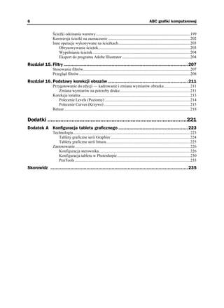 6                                                                                                           ABC grafiki komputerowej


                 Ście ki odcinania warstwy ..............................................................................................199
                 Konwersja ście ki na zaznaczenie ..................................................................................202
                 Inne operacje wykonywane na ście kach........................................................................203
                     Obrysowywanie ście ek............................................................................................203
                     Wypełnianie ście ek .................................................................................................204
                     Eksport do programu Adobe Illustrator ....................................................................204
Rozdział 15. Filtry ............................................................................................. 207
                 Stosowanie filtrów...........................................................................................................207
                 Przegląd filtrów ...............................................................................................................208
Rozdział 16. Podstawy korekcji obrazów ............................................................ 211
                 Przygotowanie do edycji — kadrowanie i zmiana wymiarów obrazka ..........................211
                    Zmiana wymiarów na potrzeby druku ......................................................................211
                 Korekcja tonalna .............................................................................................................213
                    Polecenie Levels (Poziomy) .....................................................................................214
                    Polecenie Curves (Krzywe) ......................................................................................215
                 Retusz ..............................................................................................................................218

Dodatki .......................................................................................221
Dodatek A Konfiguracja tabletu graficznego .................................................... 223
                 Technologia.....................................................................................................................223
                    Tablety graficzne serii Graphire ...............................................................................224
                    Tablety graficzne serii Intuos....................................................................................225
                 Zastosowanie...................................................................................................................226
                    Konfiguracja sterownika...........................................................................................226
                    Konfiguracja tabletu w Photoshopie.........................................................................230
                    PenTools ...................................................................................................................233
Skorowidz ....................................................................................................... 235
 