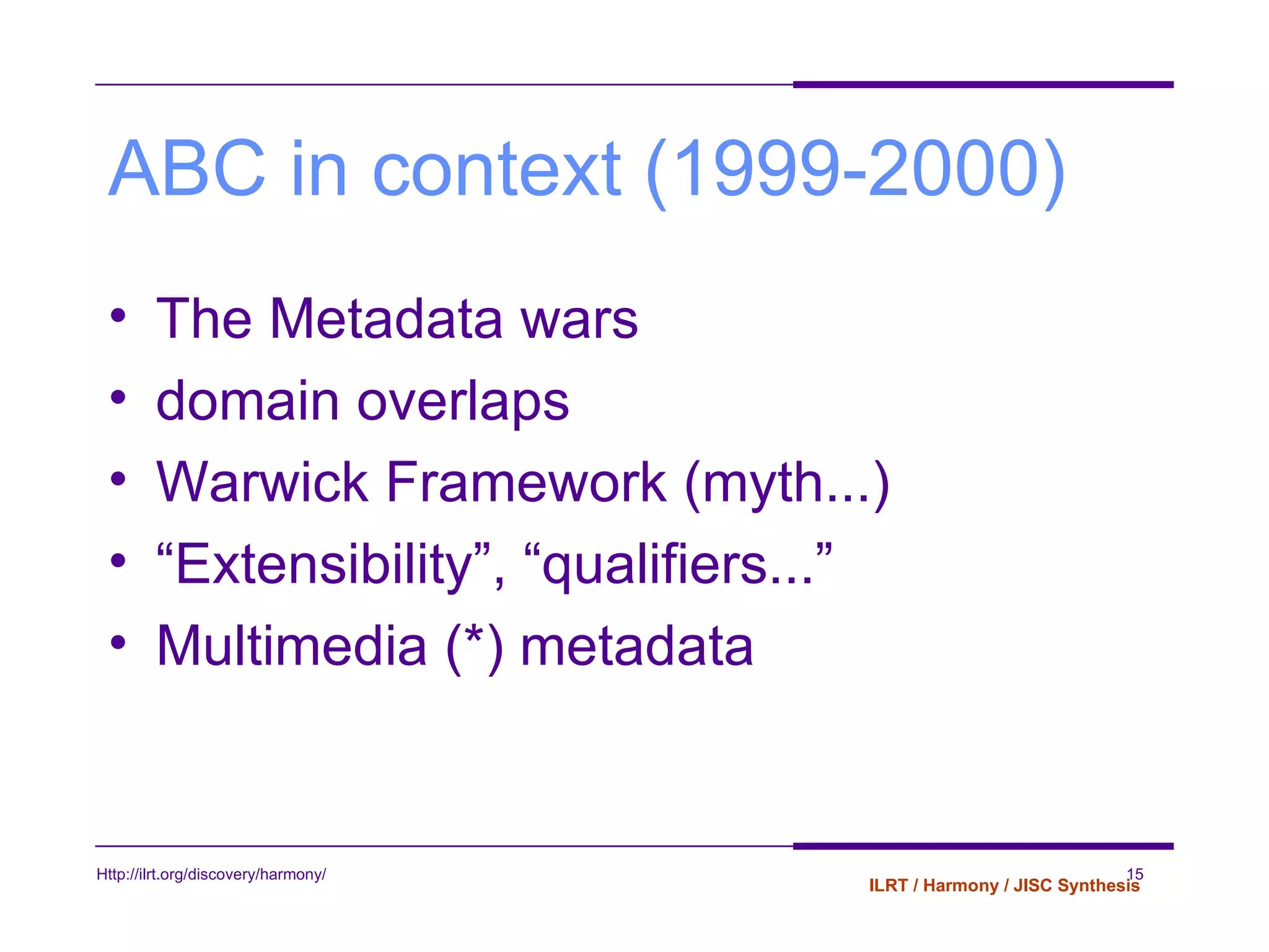 ABC in context (1999-2000) The Metadata wars domain overlaps  Warwick Framework (myth...) “ Extensibility”, “qualifiers...” Multimedia (*) metadata 