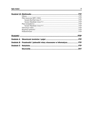 Spis treści                                                                                                                                         7


Rozdział 15. Multimedia .................................................................................... FTP
                Obrazy ............................................................................................................................ FTP
                Pliki muzyczne MP3 i OGG........................................................................................... FTP
                    System Red Hat Linux 9 .......................................................................................... FTP
                    System Mandrake Linux 9.1 .................................................................................... FTP
                Płyty kompaktowe.......................................................................................................... FTP
                    System Mandrake Linux 9.1 .................................................................................... FTP
                Sekwencje wideo............................................................................................................ FTP
                Regulacja głośności........................................................................................................ FTP
                Podsumowanie ............................................................................................................... FTP

Dodatki ....................................................................................... FTP
Dodatek A Słowniczek terminów i pojęć .......................................................... FTP
Dodatek B Przedrostki i jednostki miary stosowane w informatyce................... FTP
Dodatek C Netykieta ...................................................................................... FTP
                Skorowidz...................................................................................... 297
 