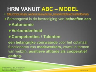 HRM VANUIT ABC – MODEL
 http://www.langer-werken.be/evidence_based/zelfdeterminatietheorie/
Samengevat is de bevrediging van behoeften aan
Autonomie
Verbondenheid
Competenties / Talenten
een belangrijke voorwaarde voor het optimaal
functioneren van medewerkers, zowel in termen
van welzijn, positieve attitude als coöperatief
gedrag.
25/08/2016
DIRK AMEEL & BIE SCHOETERS -
OCMW -LV-COACHINGSESSIES
LEIDINGGEVENDEN
 