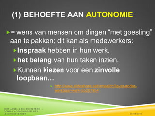 (1) BEHOEFTE AAN AUTONOMIE
= wens van mensen om dingen “met goesting”
aan te pakken; dit kan als medewerkers:
Inspraak hebben in hun werk.
het belang van hun taken inzien.
Kunnen kiezen voor een zinvolle
loopbaan…
 http://www.slideshare.net/ameeldc/liever-ander-
werkbaar-werk-55207954
25/08/2016
DIRK AMEEL & BIE SCHOETERS -
OCMW -LV-COACHINGSESSIES
LEIDINGGEVENDEN
 