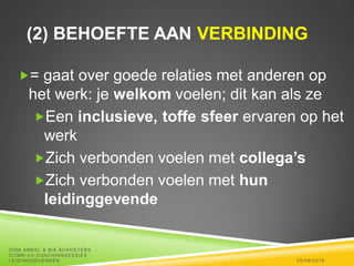 (2) BEHOEFTE AAN VERBINDING
= gaat over goede relaties met anderen op
het werk: je welkom voelen; dit kan als ze
Een inclusieve, toffe sfeer ervaren op het
werk
Zich verbonden voelen met collega’s
Zich verbonden voelen met hun
leidinggevende
25/08/2016
DIRK AMEEL & BIE SCHOETERS -
OCMW -LV-COACHINGSESSIES
LEIDINGGEVENDEN
 